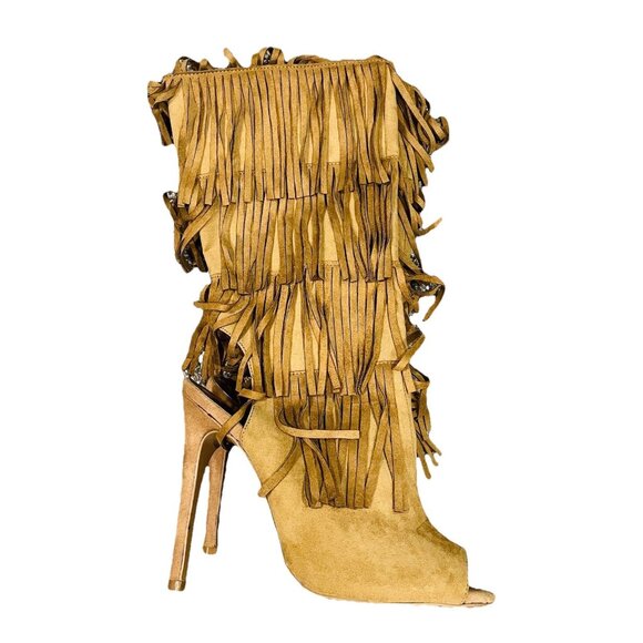Qupid Shoes Womens Size 9 Brown Fringed High Heels Stiletto Zip Peep Toe Sexy - Picture 1 of 10